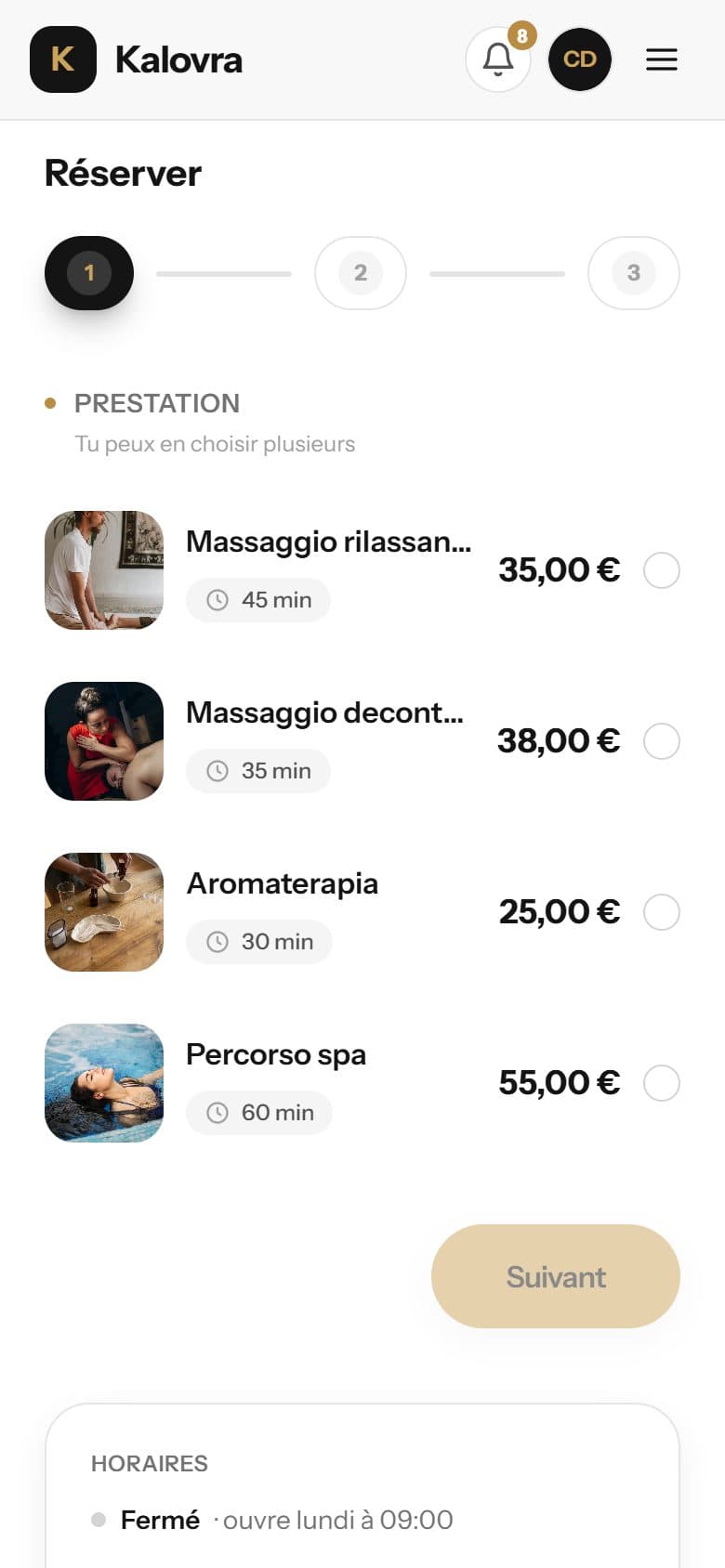 Kalovra sur Android : la réservation dans un salon